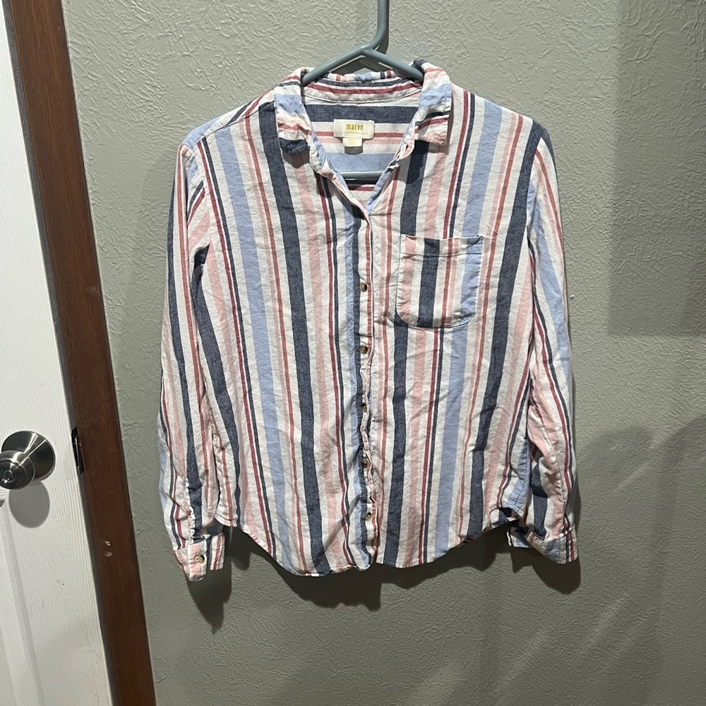 Anthropologie Maeve Striped Shirt in Blue and Pink Linen Cotton Blend Size Small